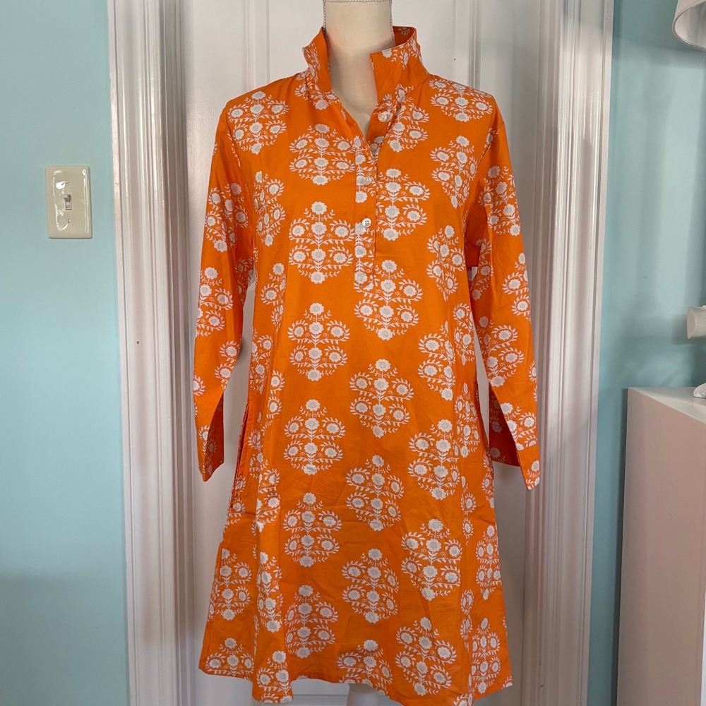 Victoria Dunn Sully Mandarin Collar Preppy Dress Orange White Floral Cotton XL